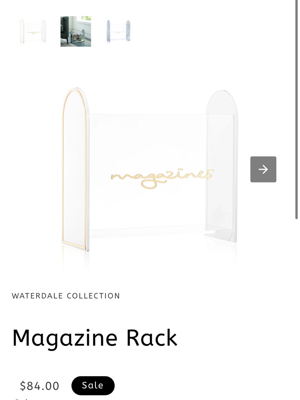 Waterdale Clear Acrylic lucite Magazine Rack with Gold Script new